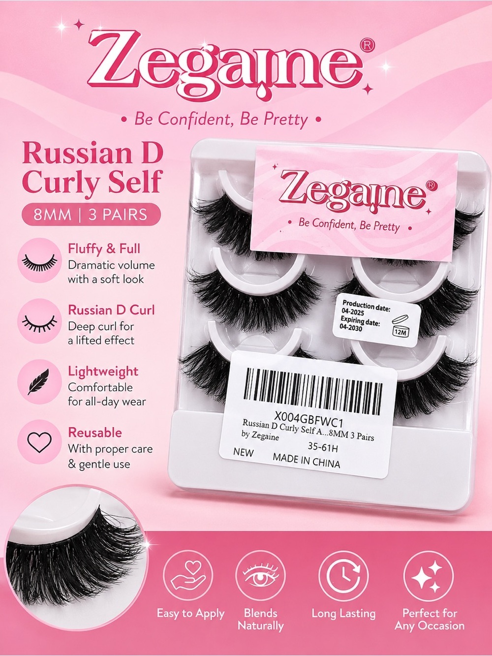 Russian D Curly Self 8mm False Eyelashes - Black (3 Pairs)